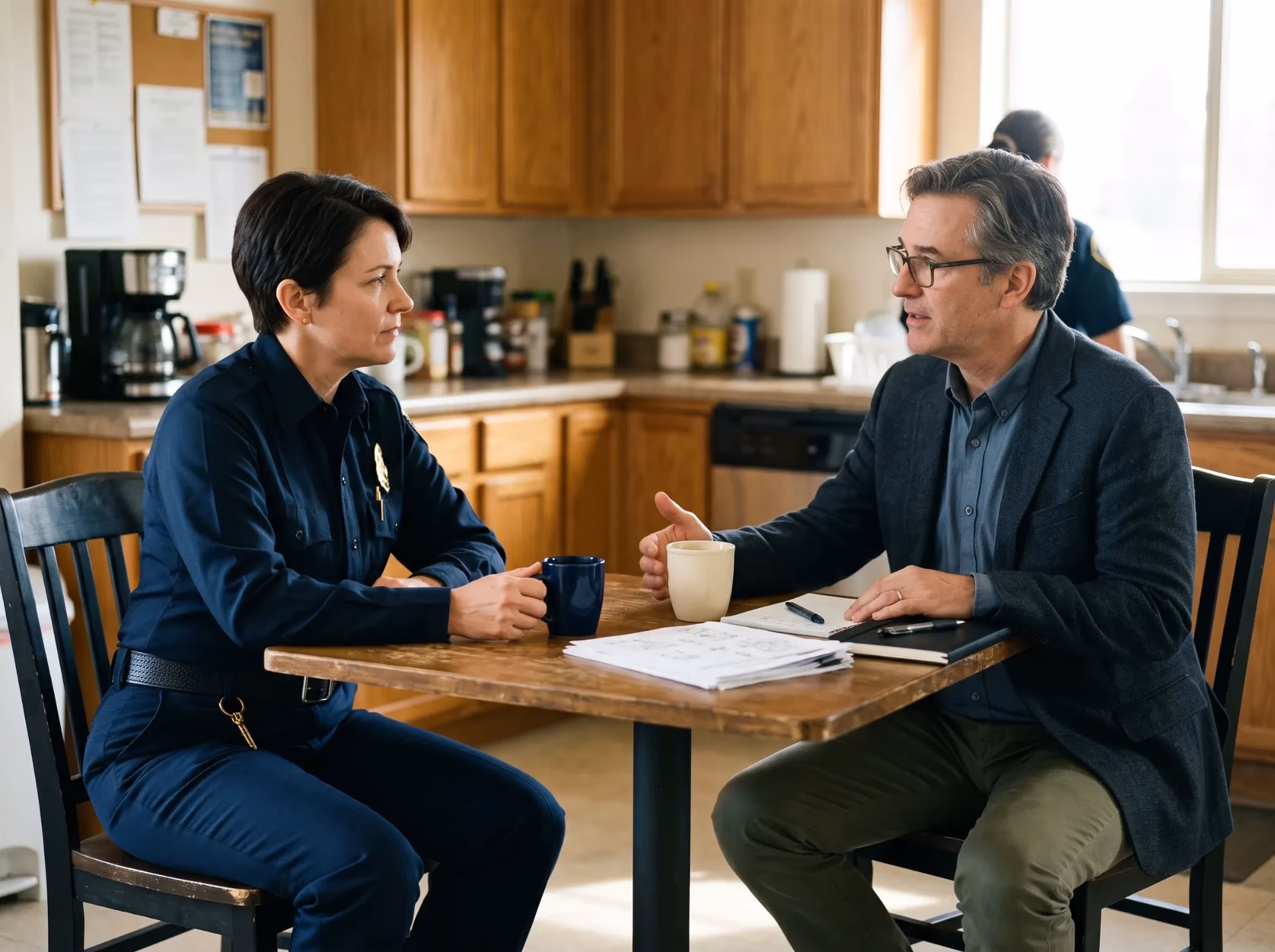A uniformed chief and a civilian consultant talk over coffee at a station kitchen table