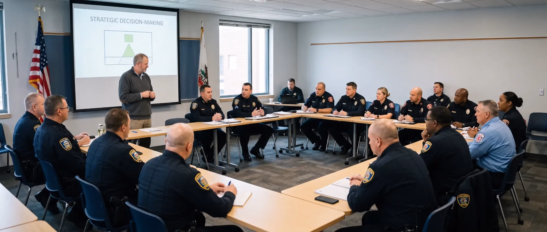 A wide view of a leadership training cohort mid-session, seated around tables in a classroom