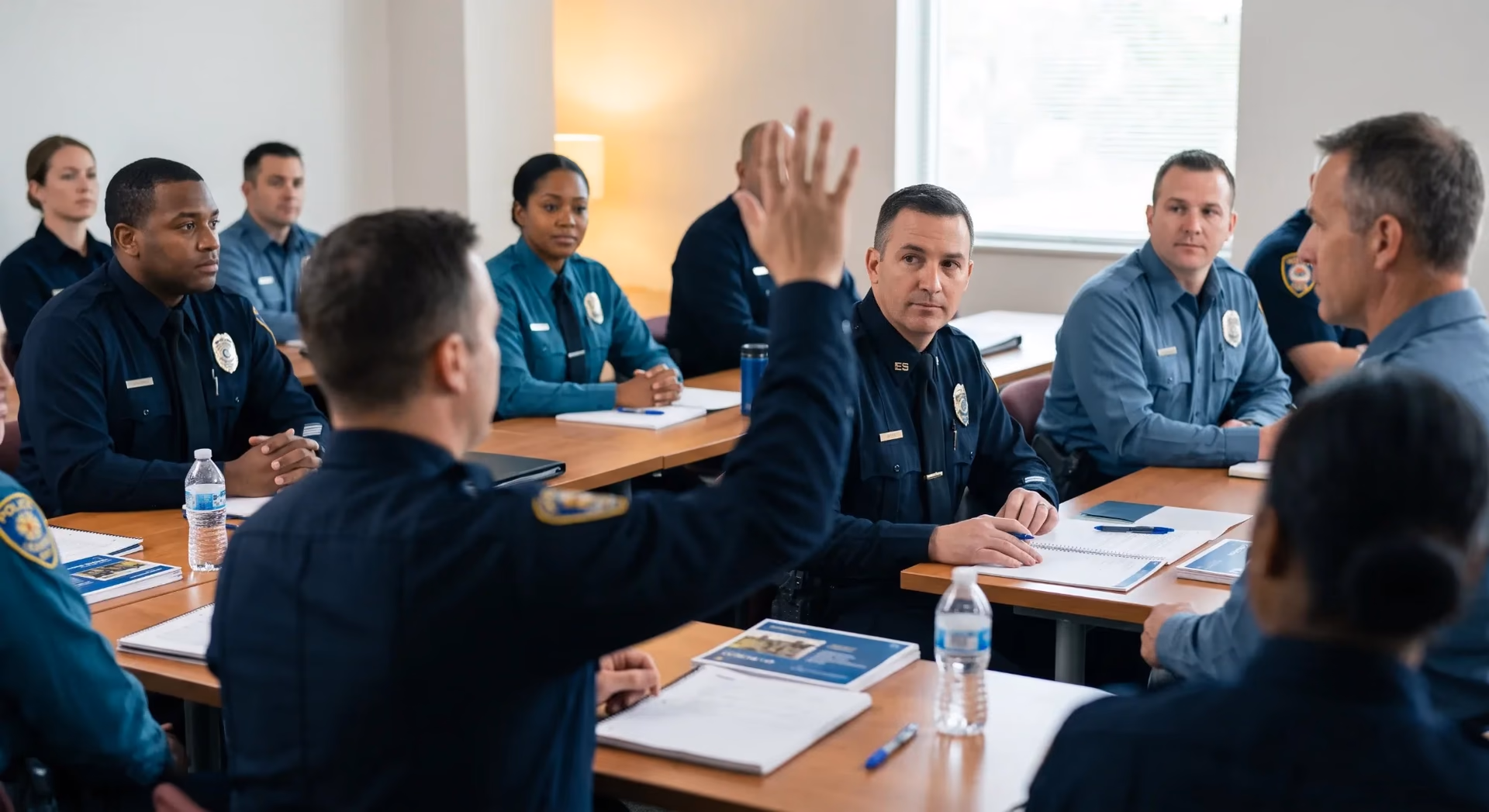 Police and fire leaders in a training-room Q&A, one attendee raising a hand