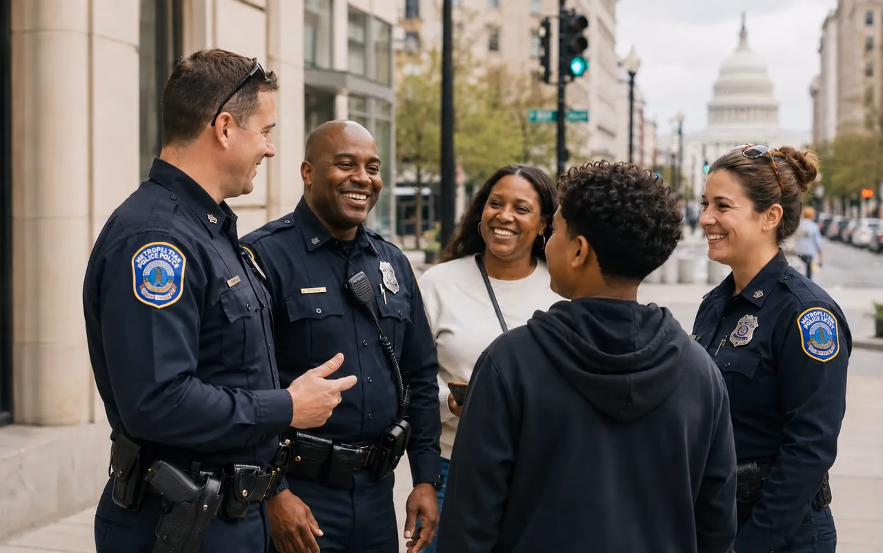 Police supervisors talking with residents on a downtown sidewalk, a relaxed community conversation