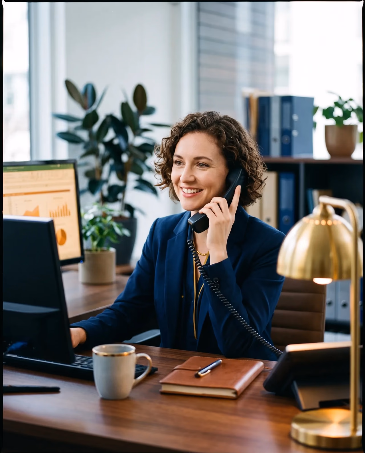 A friendly training coordinator smiling during a phone call at a tidy desk