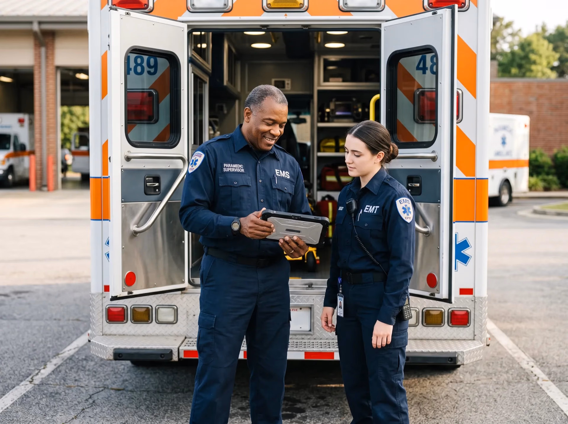 A senior paramedic supervisor coaches a younger EMT with a tablet at the open rear doors of an ambulance.