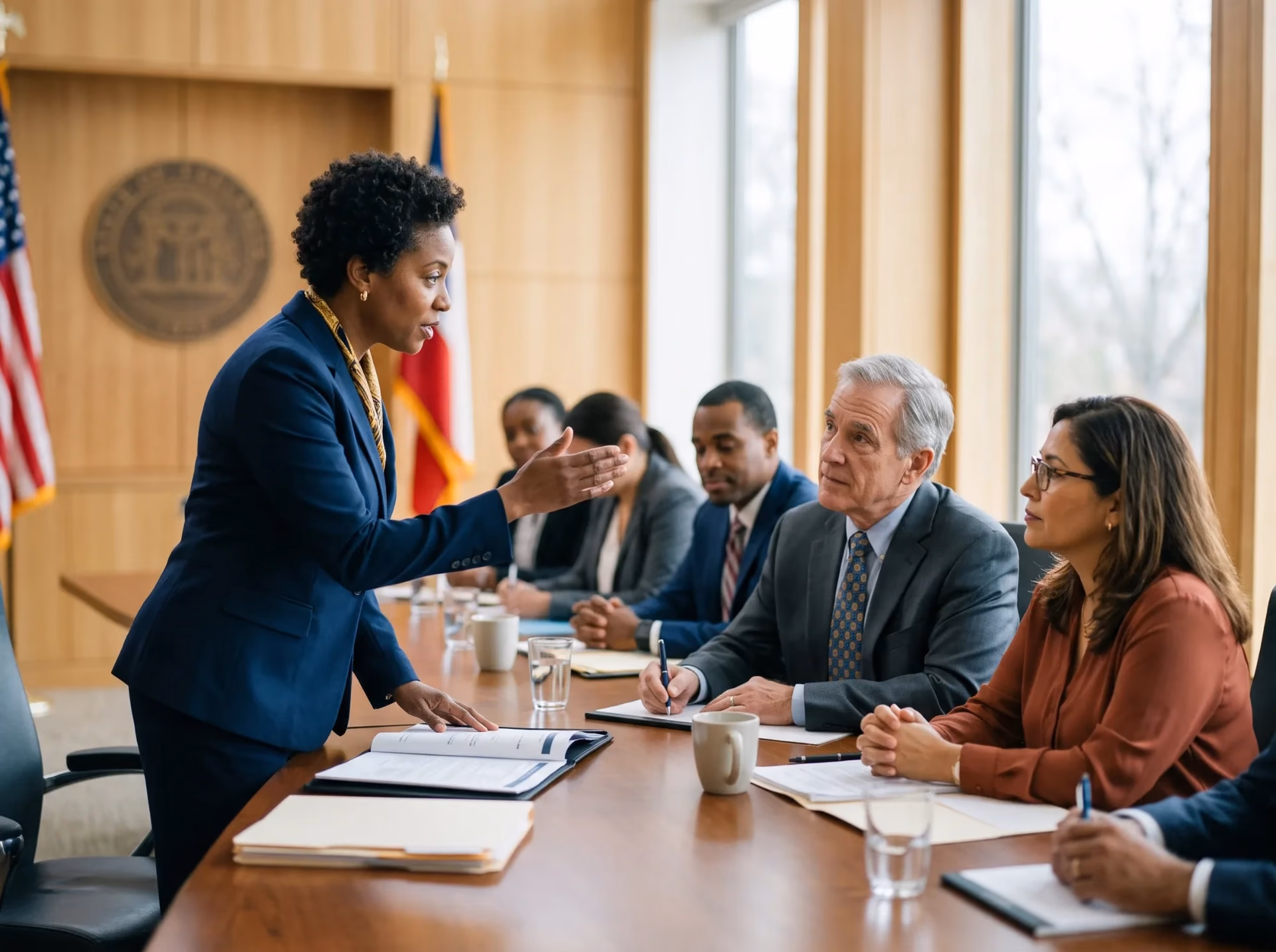 Command staff seated around a conference table during an executive leadership session
