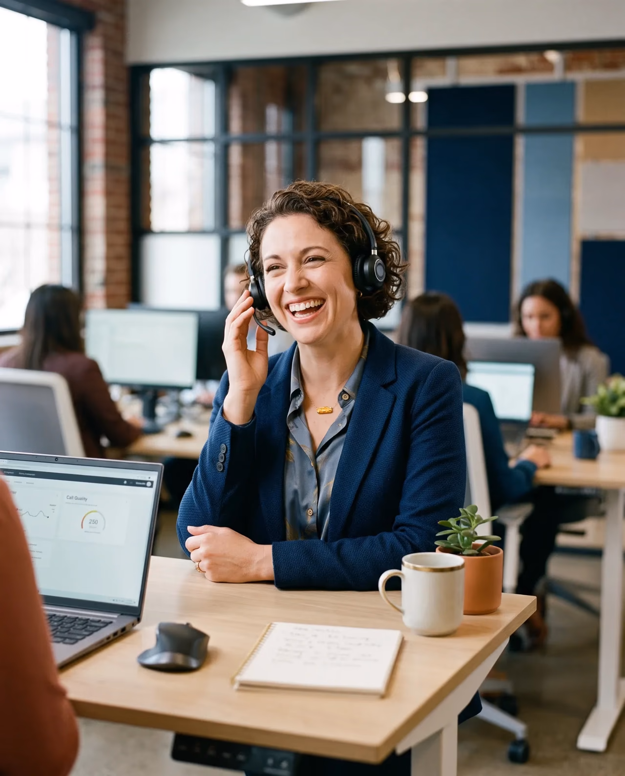 A staff member with a headset laughing mid-conversation at a standing desk