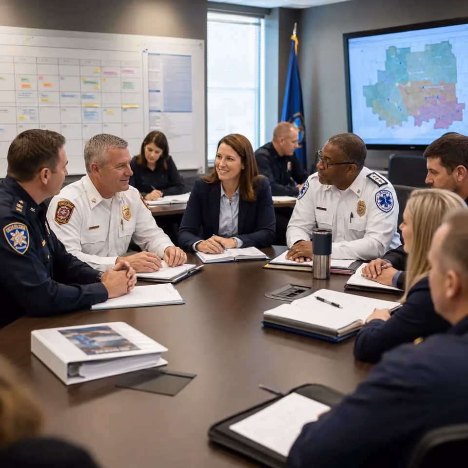 Fire, police, EMS, and administrative leaders meeting around a conference table with a regional map on screen