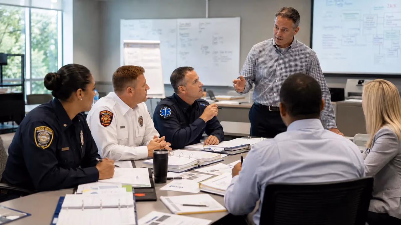 A Thatcher Lewis instructor leading a cohort of police, fire, and EMS leaders around a conference table