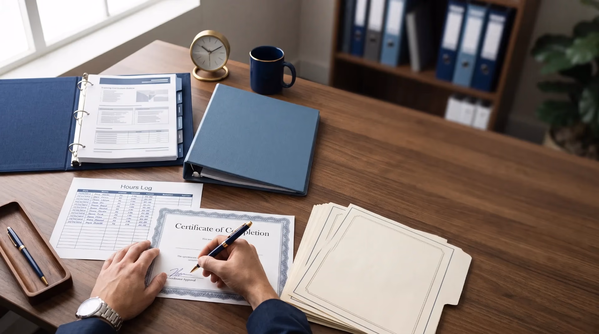 A training coordinator's desk with course outline binders, an hours log, and completion certificates