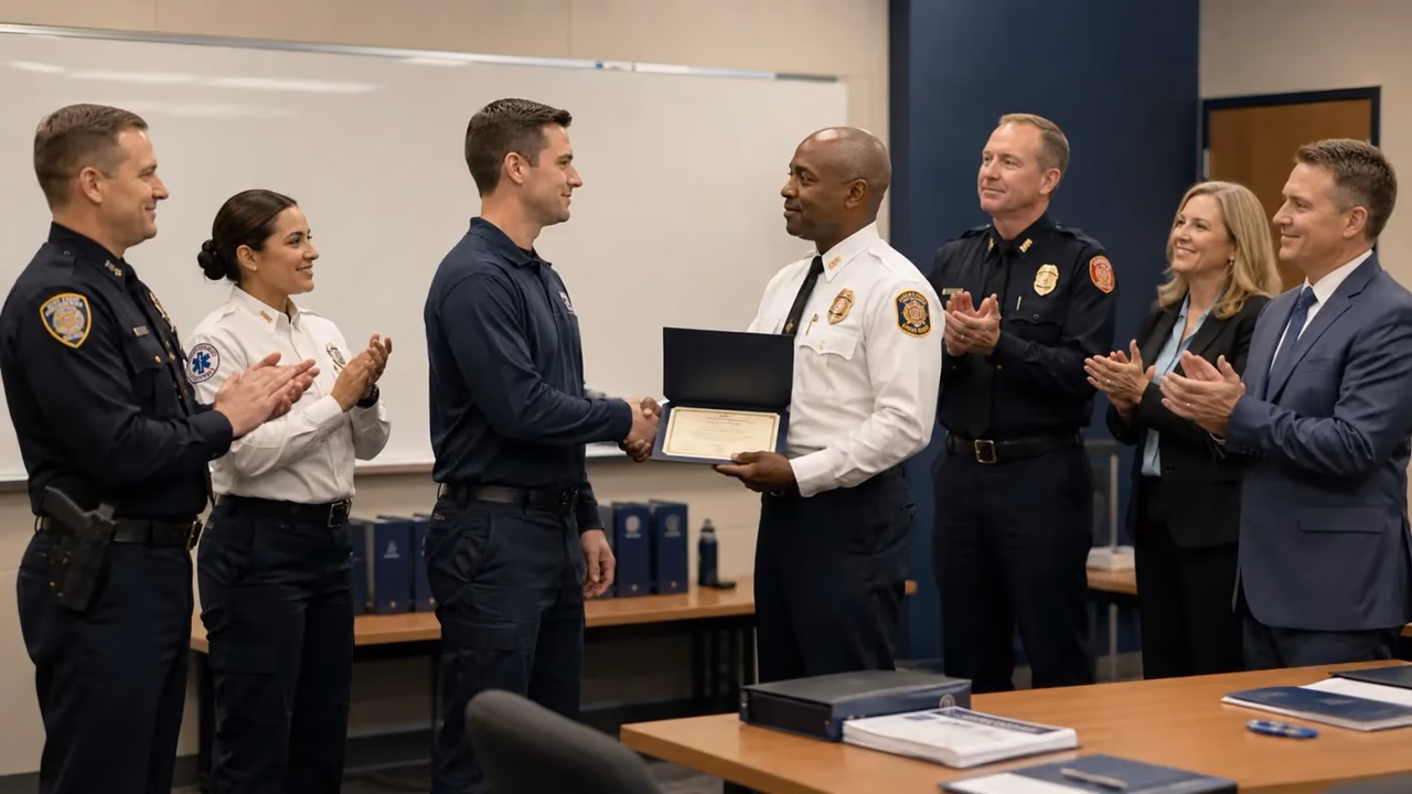 A chief presenting a completion certificate to a graduate as fire, EMS, and administrative colleagues applaud