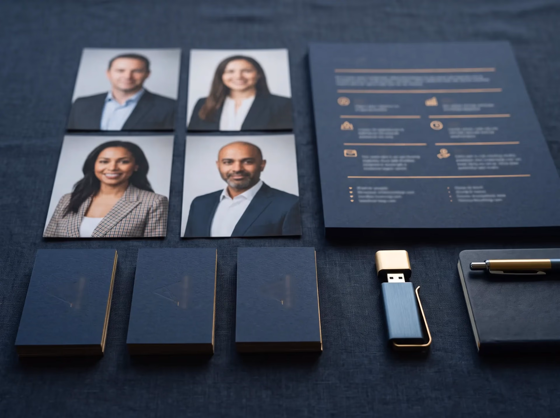 Media kit flat-lay: printed headshots, fact sheet, business cards, and a USB drive