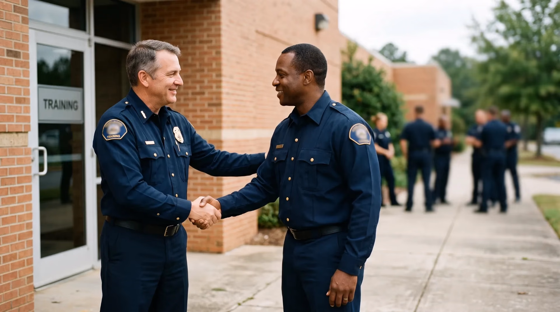 Two public-safety chiefs shake hands outside a training room after class