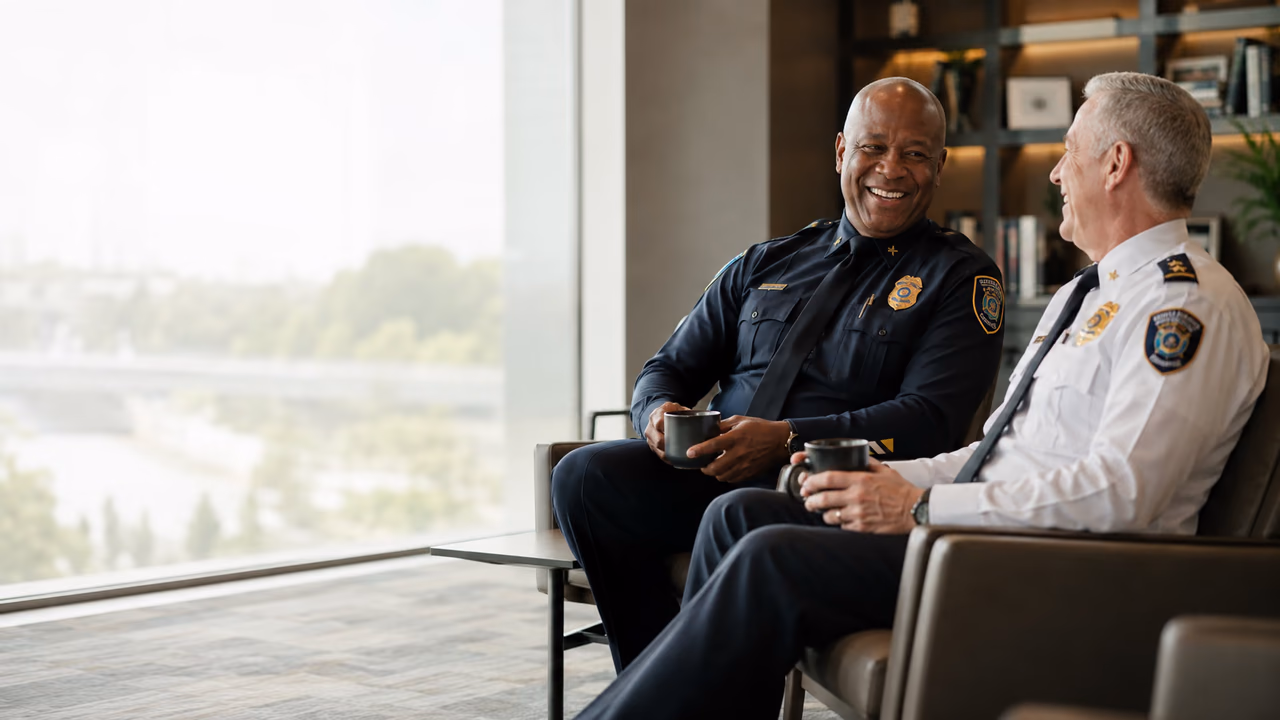 Two public safety executives in conversation over coffee