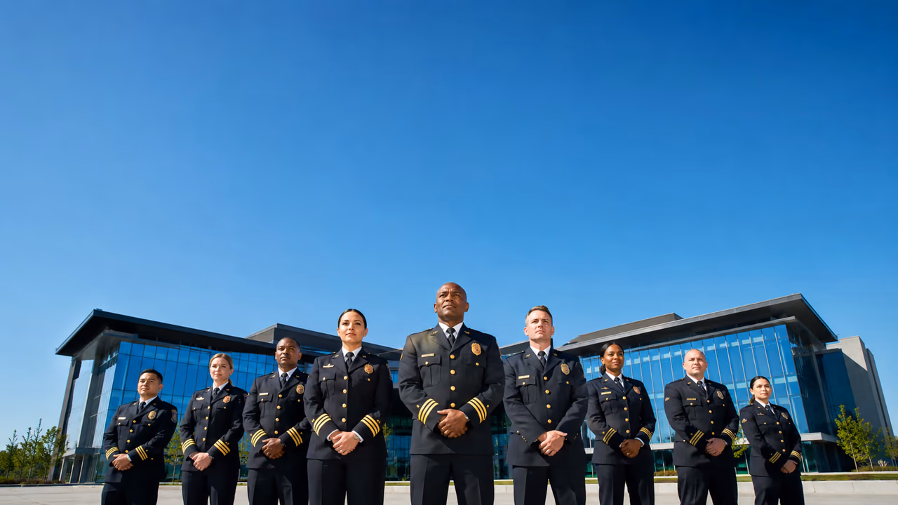 Public safety command staff standing in dress uniforms in front of a modern headquarters