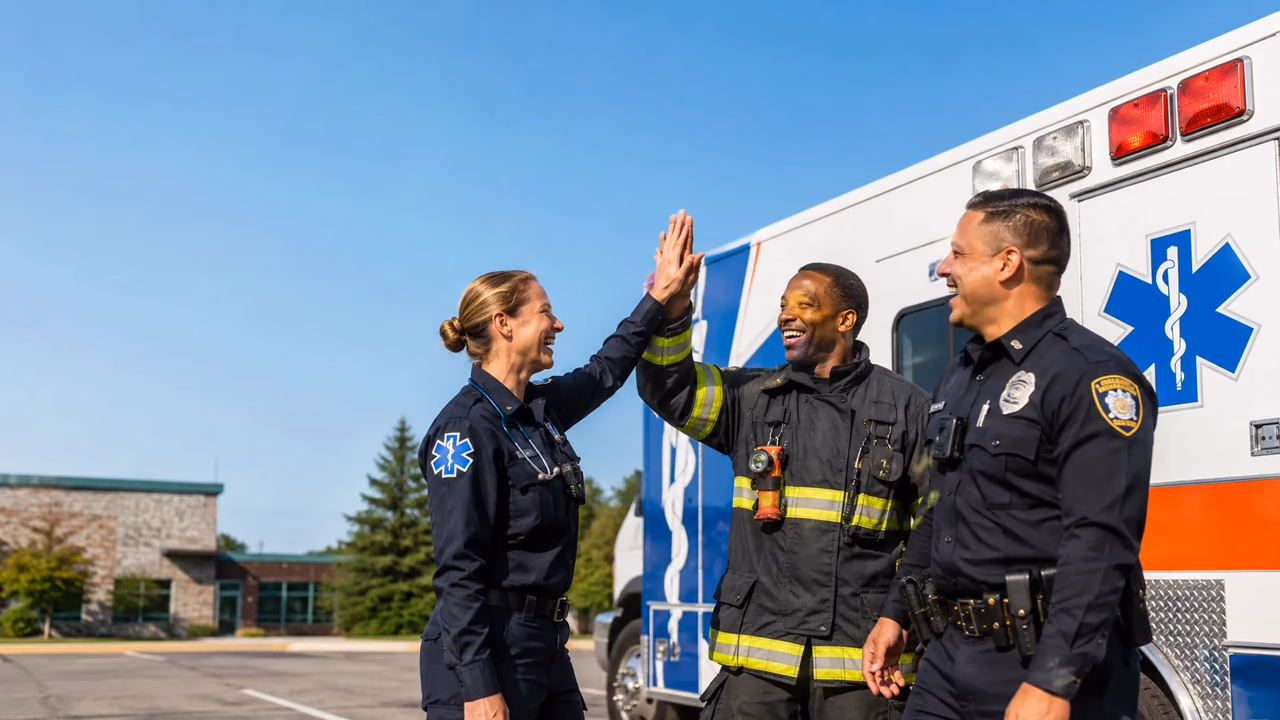 EMS, fire, and police first responders celebrating with a high five by an ambulance