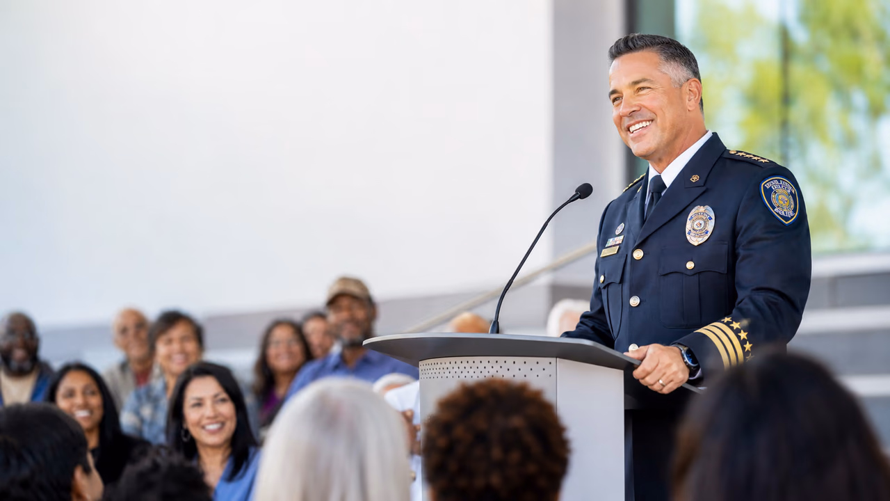 Police chief speaking at a podium during the Executive leadership course