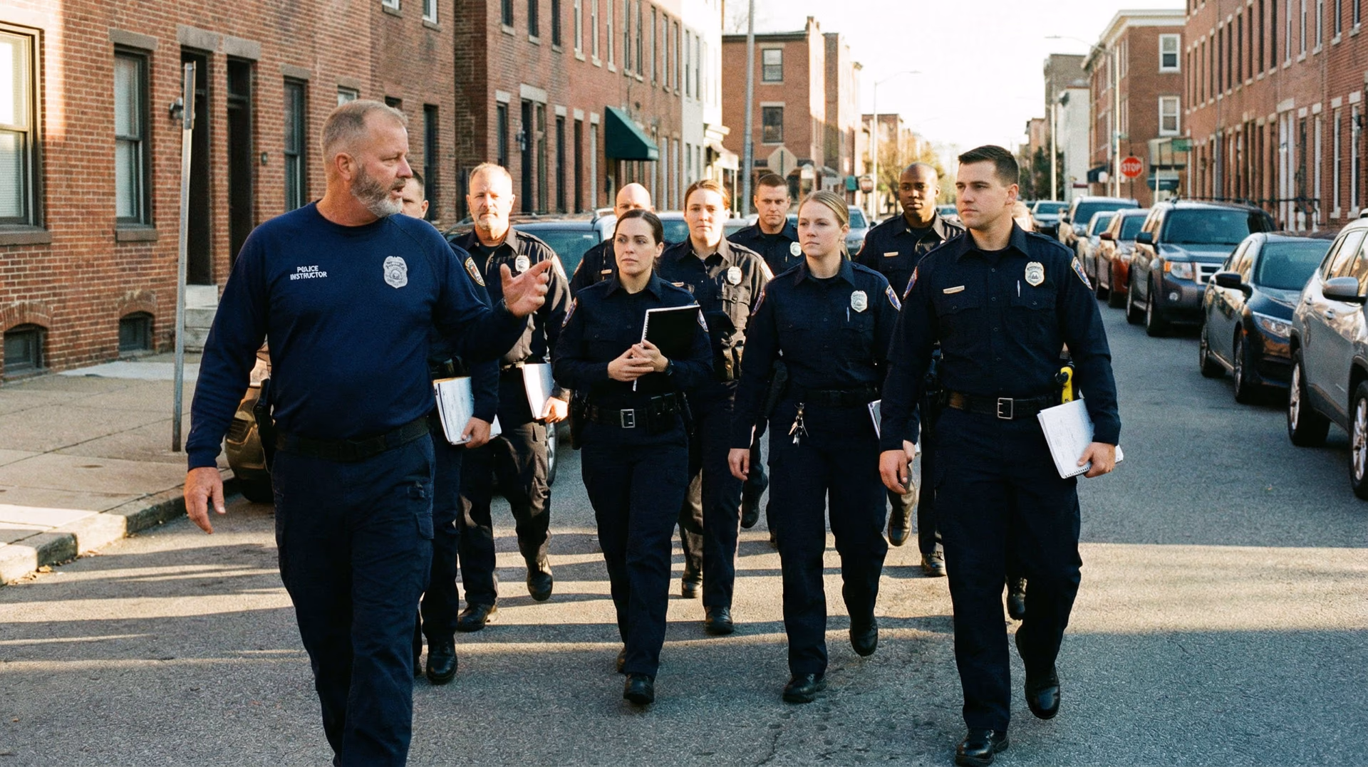 Police instructor leading officers on a training walk
