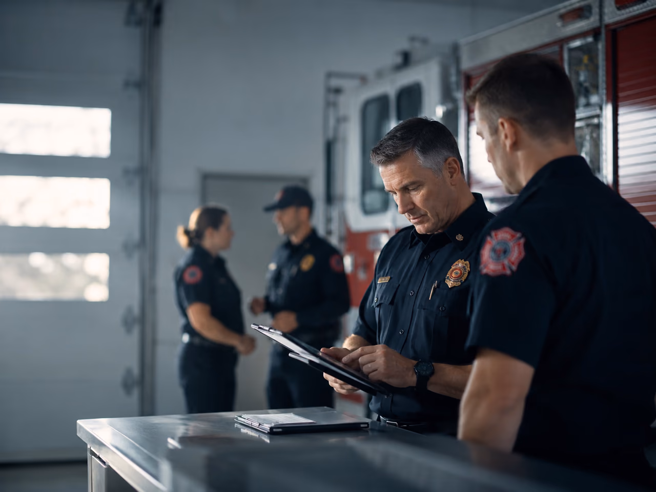 Firefighter in full turnout gear outside an engine bay